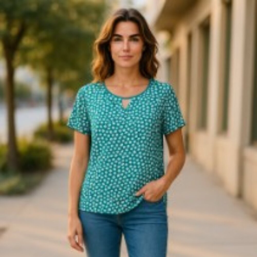 Susan Graver Liquid Knit Top – Green/White Print – Size Large (NWOT)